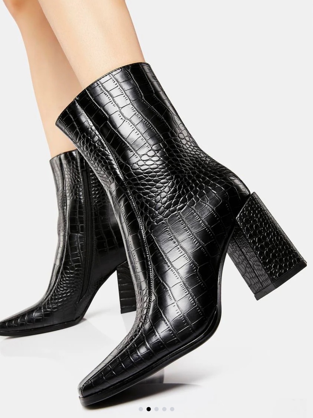 Black Croc-Embossed Block Heel Ankle Boots